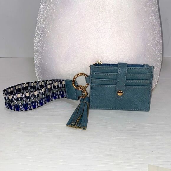 Wallet Card Case With Tassel And Guitar Strap Wristlet Faux Leather Blue - Picture 1 of 10